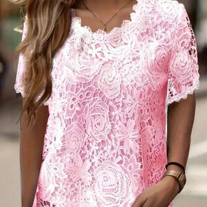Pink Lace Crew Neck Short Sleeve Top (Colot: Light Pink)